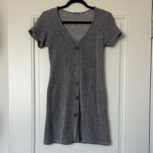 Zara Gray Ribbed V-Neck Button-Front Mini Dress